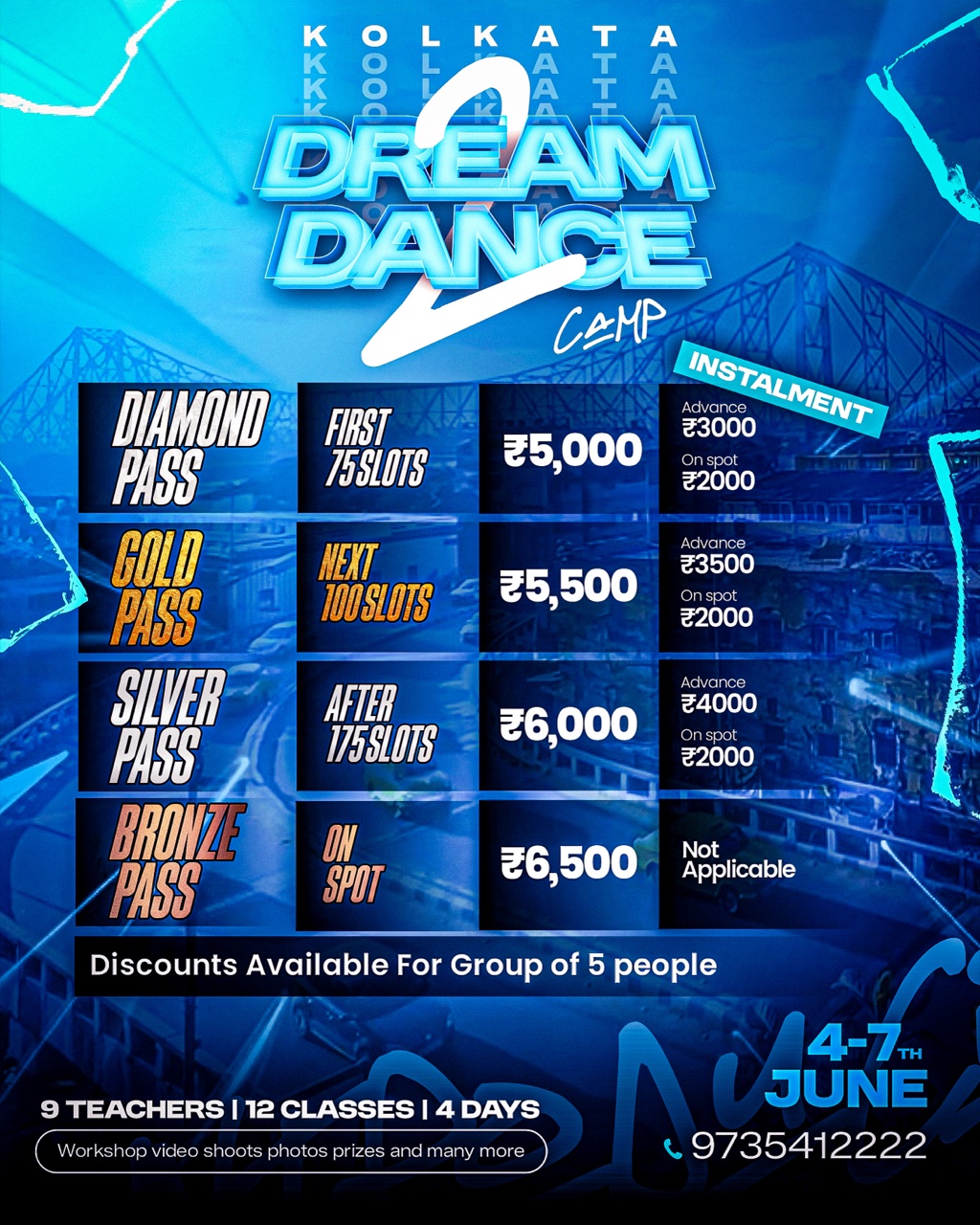 Dream Dance Camp 2 Kolkata 2026 — Pass pricing: Diamond ₹5,000, Gold ₹5,500, Silver ₹6,000, Bronze ₹6,500